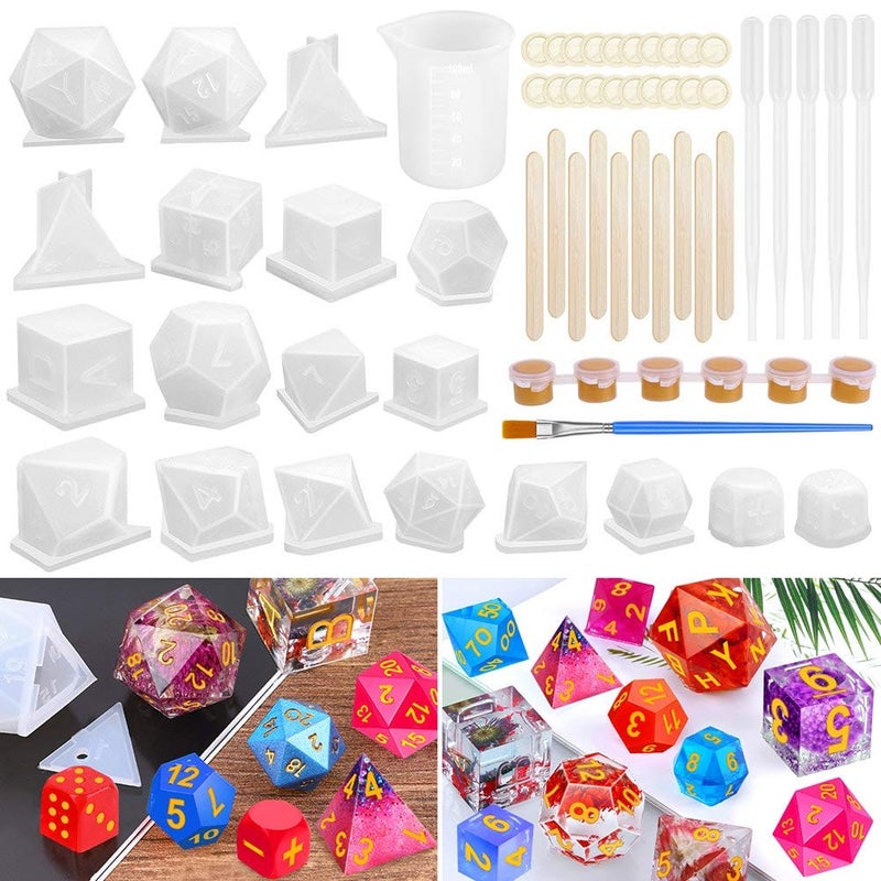 shynek Resin Dice Molds Shynek 19 Styles Polyhedral Game Dice Molds Set with Silicone Dice Mold Mixing Sticks Measuring Cup Droppers Acrylic Paints Set for Epoxy Resin Dice Making 
