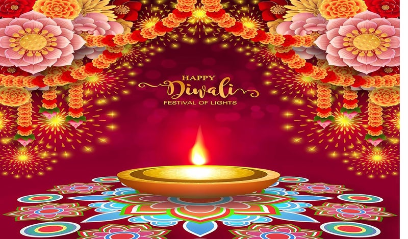 خلفية تصميم مهرجان ديwali للأضواء لزينة البوجا - قماش خلفية تقليدي لاحتفالات الأعياد - بوليستر بحجم 3 أقدام ارتفاع و 5 أقدام عرض (3 * 5)