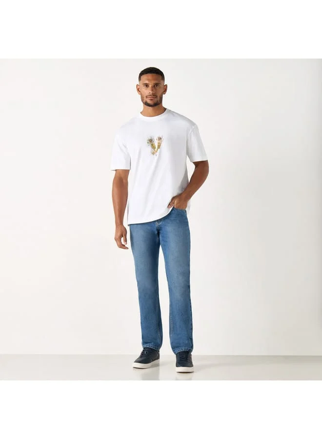 Iconic Iconic Floral Print T-shirt with Short Sleeves and Crew Neck