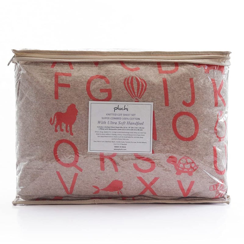 Pluchi Alphabet Vanilla Grey Color Cotton Knitted Cot/Crib Sheet & Pillow Set of 2 for Babies, 70 Cm x 132 Cm + 20 Cm - Image 5