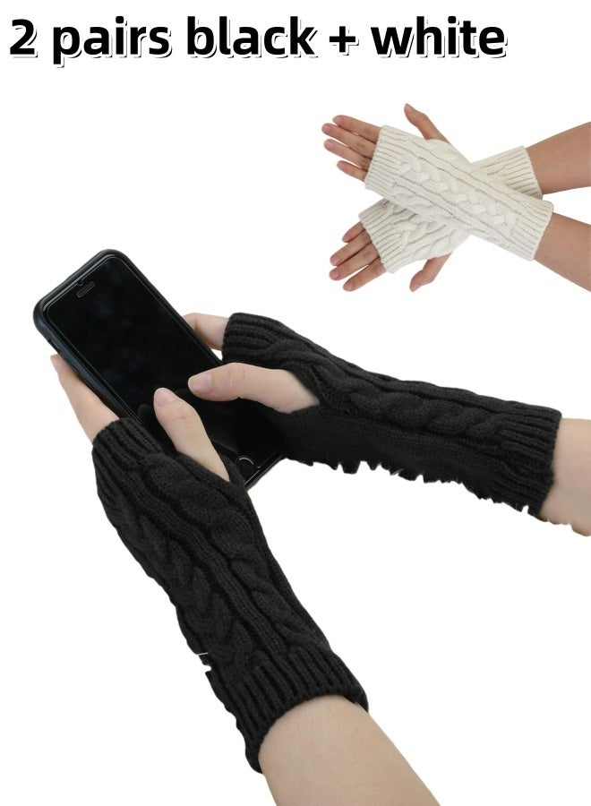 2 Pairs of Women's Ribbed Wrist Arm Warmers Stretchy Cable Knitted Fingerless Gloves Black And White For Winter Autumn Daily Wear Office Outdoor - Image 1