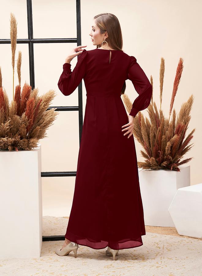 ميش فستان ماكسي مشموش بتفاصيل مربعة وأكمام بالون - Image 5