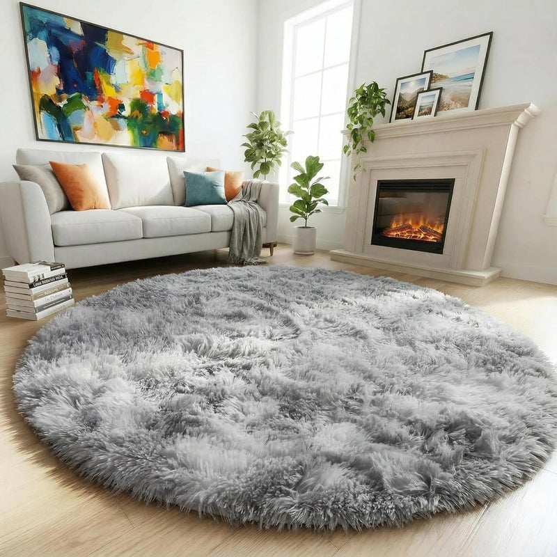 Amdrebio Round Living Room Rug 183 cm Soft Large Bedroom Shaggy Fluffy Carpet for Children's Room Modern Floor Rug Country Style Hairy Dyed Light Grey - Image 1