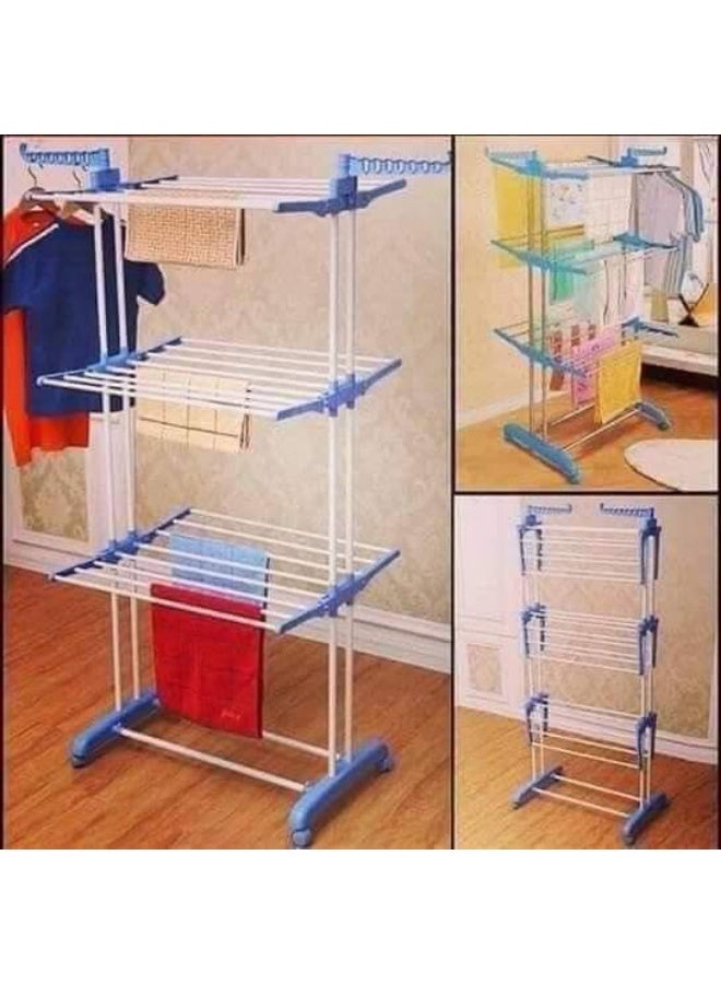 حامل تجفيف الملابس من الستانلس ستيل وبلاستيك ايه بي اس ، رف تجفيف ملابس قابل للطي من 3 طبقات، حامل تجفيف ملابس قابل للطي مع عجلات - للمنزل الداخلي و الخارجي والشرفة - Image 3