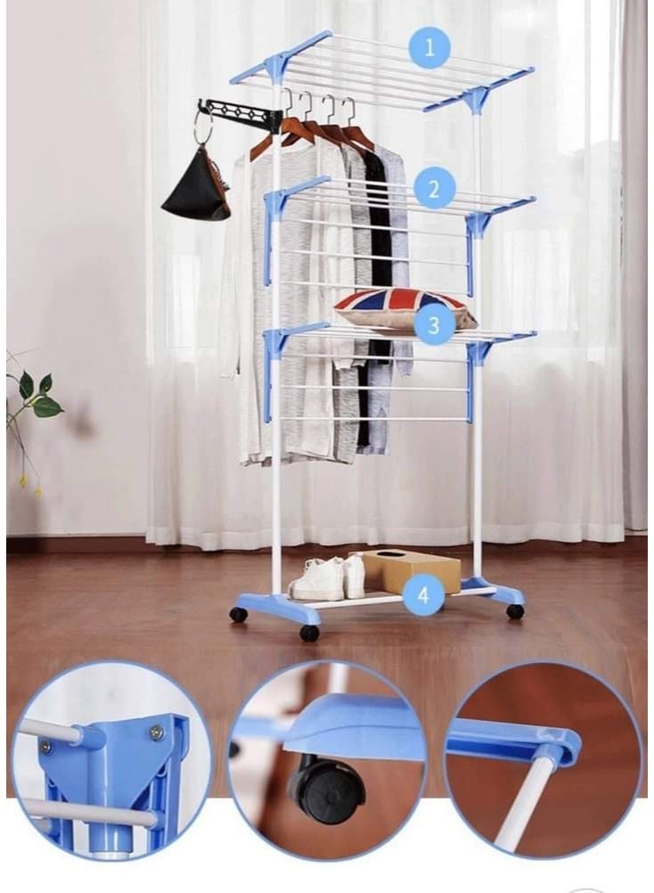 حامل تجفيف الملابس من الستانلس ستيل وبلاستيك ايه بي اس ، رف تجفيف ملابس قابل للطي من 3 طبقات، حامل تجفيف ملابس قابل للطي مع عجلات - للمنزل الداخلي و الخارجي والشرفة - Image 4