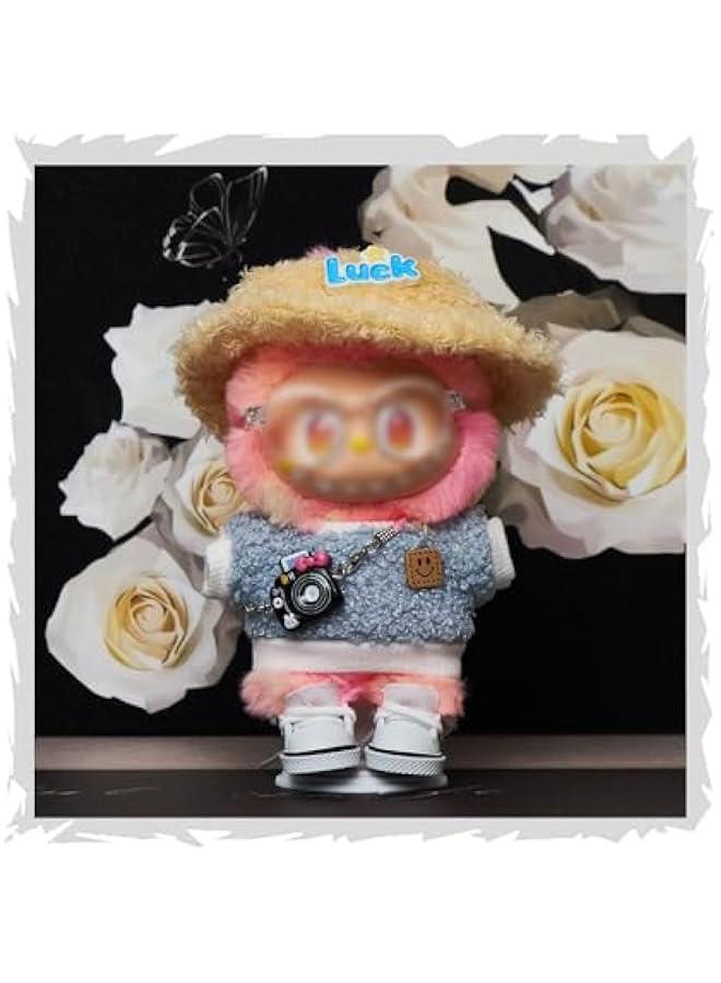 Arabest Clothes Set Compatible with Labubu, 6.7 Inches Cute Doll Clothes for Dress up Unique Style - Yellow Luck Hat & Blue Loop Shirt & Black Camera & Transparent Glasses & White Canvas Shoes  - Image 1