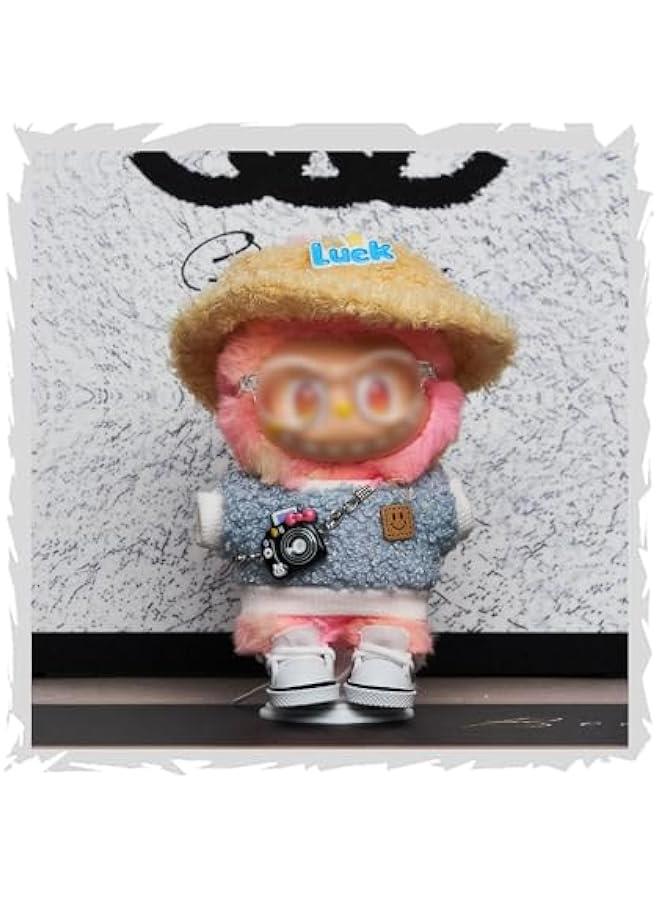 Arabest Clothes Set Compatible with Labubu, 6.7 Inches Cute Doll Clothes for Dress up Unique Style - Yellow Luck Hat & Blue Loop Shirt & Black Camera & Transparent Glasses & White Canvas Shoes  - Image 4