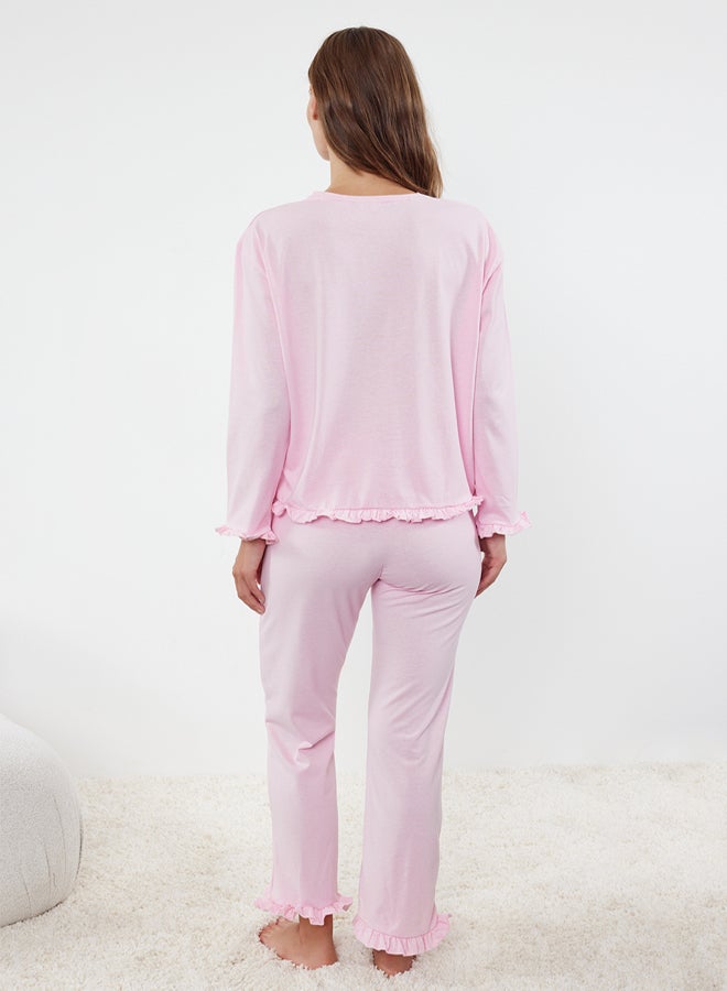 trendyol Light Pink Printed Pocket and Ruffle Detailed Knitted Pajama Set THMAW25PT00019  - Image 5