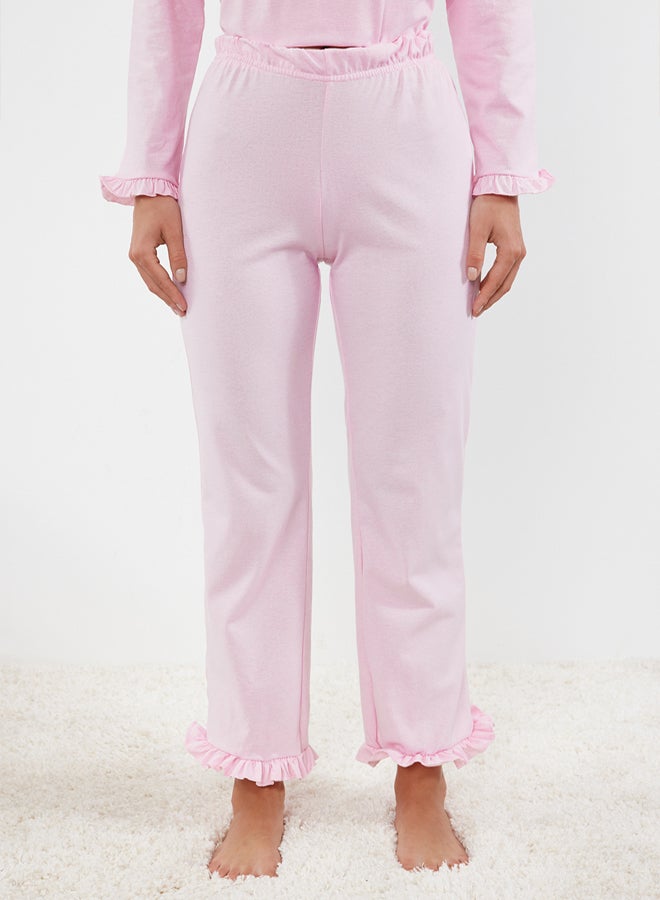 trendyol Light Pink Printed Pocket and Ruffle Detailed Knitted Pajama Set THMAW25PT00019  - Image 3