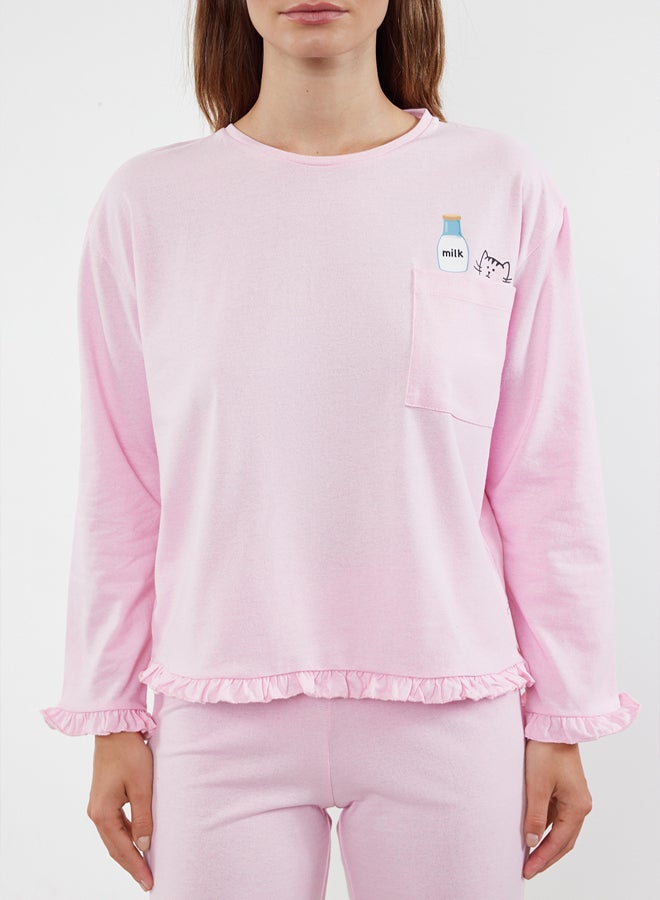 trendyol Light Pink Printed Pocket and Ruffle Detailed Knitted Pajama Set THMAW25PT00019  - Image 4