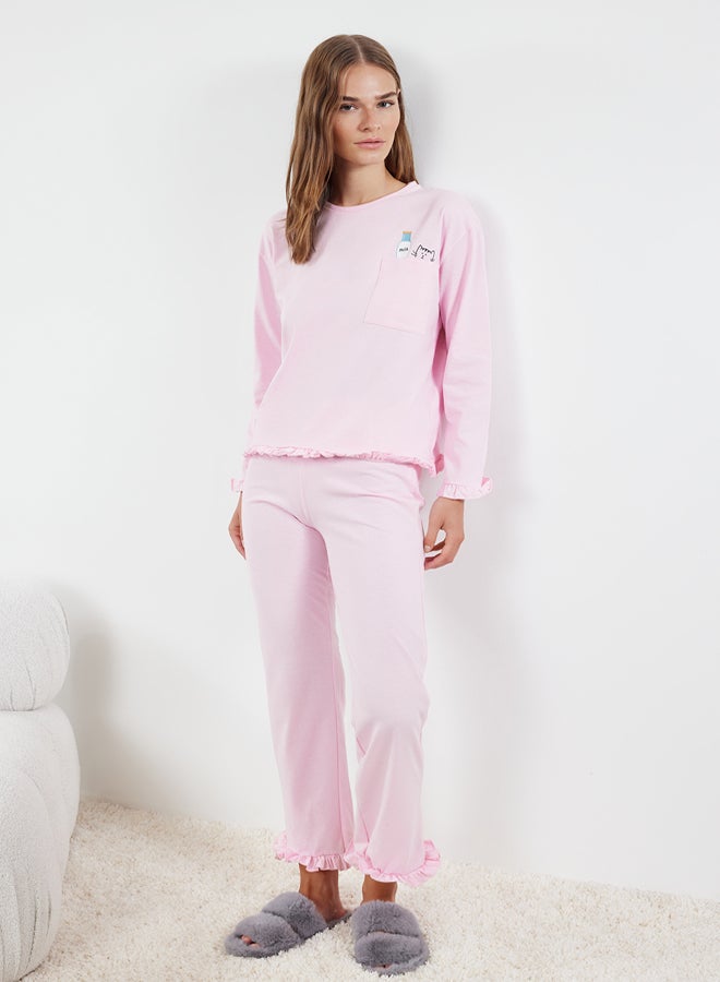 trendyol Light Pink Printed Pocket and Ruffle Detailed Knitted Pajama Set THMAW25PT00019  - Image 2