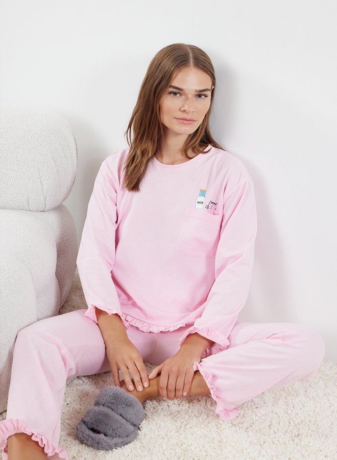 trendyol Light Pink Printed Pocket and Ruffle Detailed Knitted Pajama Set THMAW25PT00019  - Image 1