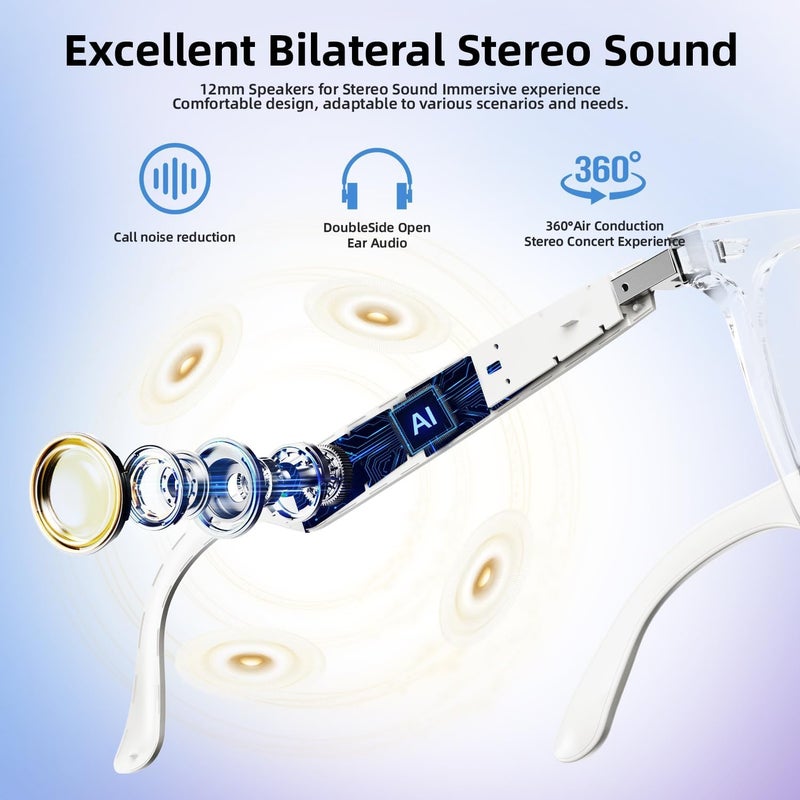 نظارات، نظارات بلوتوث الذكاء الاصطناعي مع مكبر الصوت، ترجمة في الوقت الحقيقي، حماية الأشعة فوق البنفسجية زجاج الذكاء الاصطناعي مع بلوتوث 5.4، زجاج ذكي للرجال والمرأة (أبيض نبيل) - Image 3