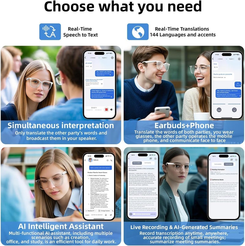 نظارات، نظارات بلوتوث الذكاء الاصطناعي مع مكبر الصوت، ترجمة في الوقت الحقيقي، حماية الأشعة فوق البنفسجية زجاج الذكاء الاصطناعي مع بلوتوث 5.4، زجاج ذكي للرجال والمرأة (أبيض نبيل) - Image 5