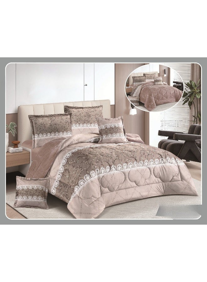 سمارت هوم مفرش سرير شتوي نفرين وجهين (وجه مخمل ووجه فرو) - مفرش بحشوة – طقم لحاف 6 قطع فاخر مزدوج كامل يشمل مفرش بحشوة 250×230 سم + واقي مرتبة مطاط 200×200+30 سم + 2 كيس مخدة 50×75+5 سم + 2 كيس وسادة مربعة 45×45+5 سم – مفارش نوم أنيقة فندقية ناعمة ودافئة للغرفة - Image 1