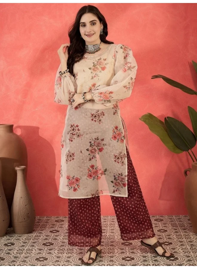 AKS Cream & Maroon Organza Kurta Set