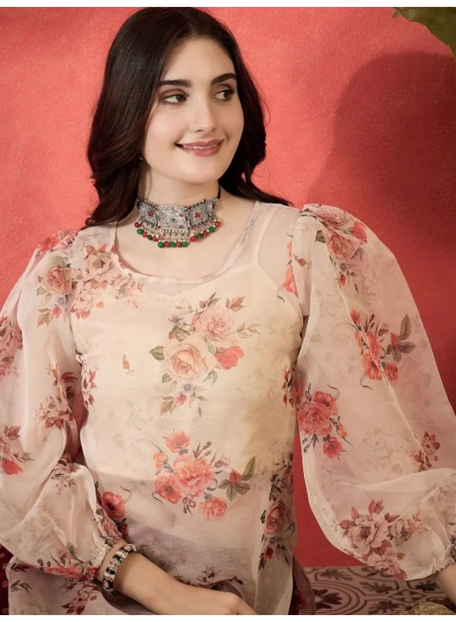 AKS Cream & Maroon Organza Kurta Set