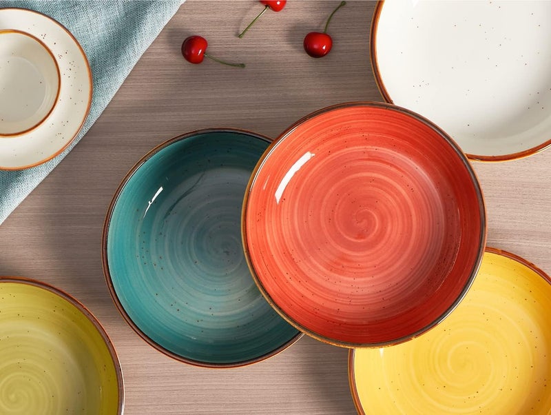 Onemore Pasta Bowls 30 Ounce Porcelain Salad Bowls Shallow Bowls for Pasta Set of 4 Shallow Bowl Plates, Microwave & Dishwasher Safe, Assorted Color - Image 2