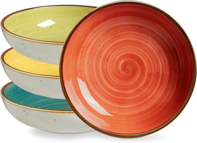 Onemore Pasta Bowls 30 Ounce Porcelain Salad Bowls Shallow Bowls for Pasta Set of 4 Shallow Bowl Plates, Microwave & Dishwasher Safe, Assorted Color - Image 1