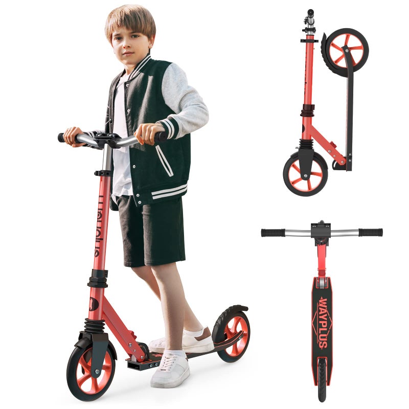 WAYPLUS Lightweight Kick Scooter for Kids, Teens and Adults, Foldable, 8-Inch Non-Slip Deck, ABEC9 Bearing, Adjustable Height 3.9-6.2FT, Red - Image 1