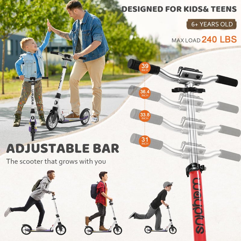 WAYPLUS Lightweight Kick Scooter for Kids, Teens and Adults, Foldable, 8-Inch Non-Slip Deck, ABEC9 Bearing, Adjustable Height 3.9-6.2FT, Red - Image 2