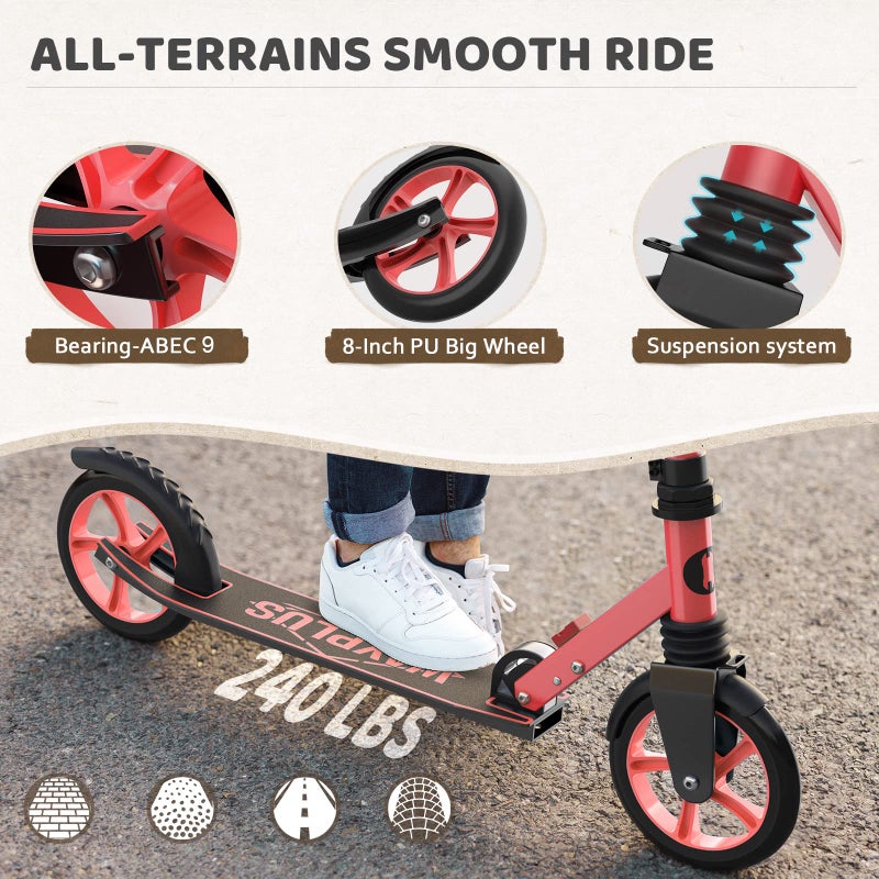 WAYPLUS Lightweight Kick Scooter for Kids, Teens and Adults, Foldable, 8-Inch Non-Slip Deck, ABEC9 Bearing, Adjustable Height 3.9-6.2FT, Red - Image 4