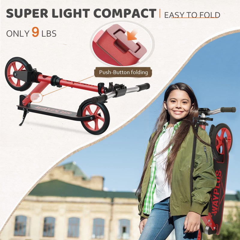 WAYPLUS Lightweight Kick Scooter for Kids, Teens and Adults, Foldable, 8-Inch Non-Slip Deck, ABEC9 Bearing, Adjustable Height 3.9-6.2FT, Red - Image 3