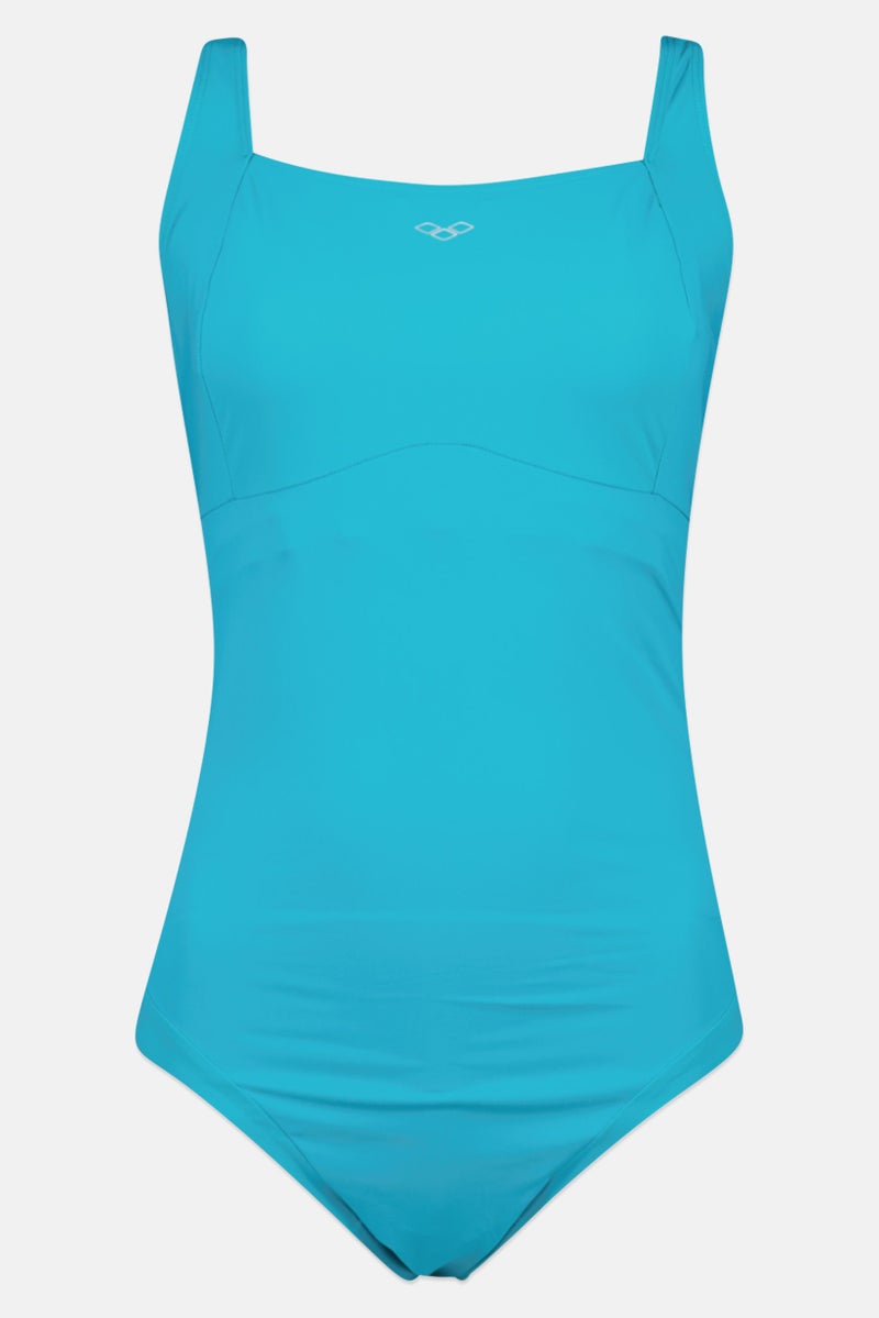 arena بدلة سباحة قطعة واحدة للنساء بشعار العلامة التجارية، زرقاء - Image 1