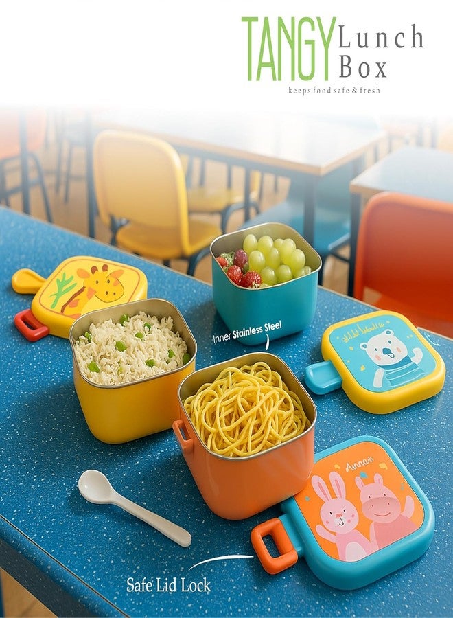 HEONAY Kids Steel Lunch Box with Multi Stickers | BPA-Free, Food-Grade Plastic & Stainless Steel, Includes Spoon, Ideal for School, College, Picnic & Outdoor | 550 ml (Multicolor) - Image 2