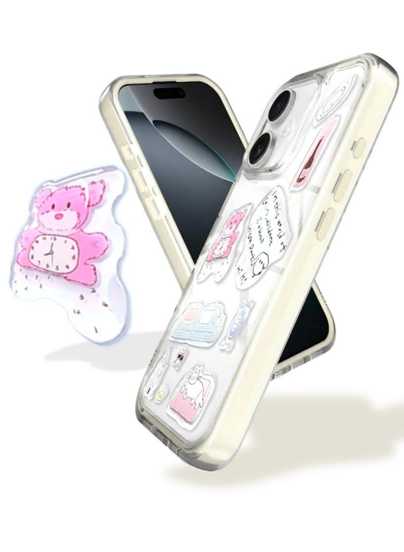 Clear Case for iPhone 16 – Shockproof Soft TPU Bumper Frame with Flexible Transparent Back, Crystle Pastel, Customizable with Kawaii Korean Bear Epoxy Resin Stickers (Creamy White & Korean Bear Epoxy Resin Stickers) - Image 1