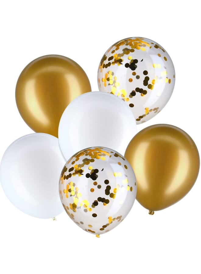 Party Time Set Of 12 Latex Confetti Balloons For Birthday Wedding Christening And Themed Party Decorations White & Gold Latex & Gold Confetti Balloons 12 Inches - Image 1