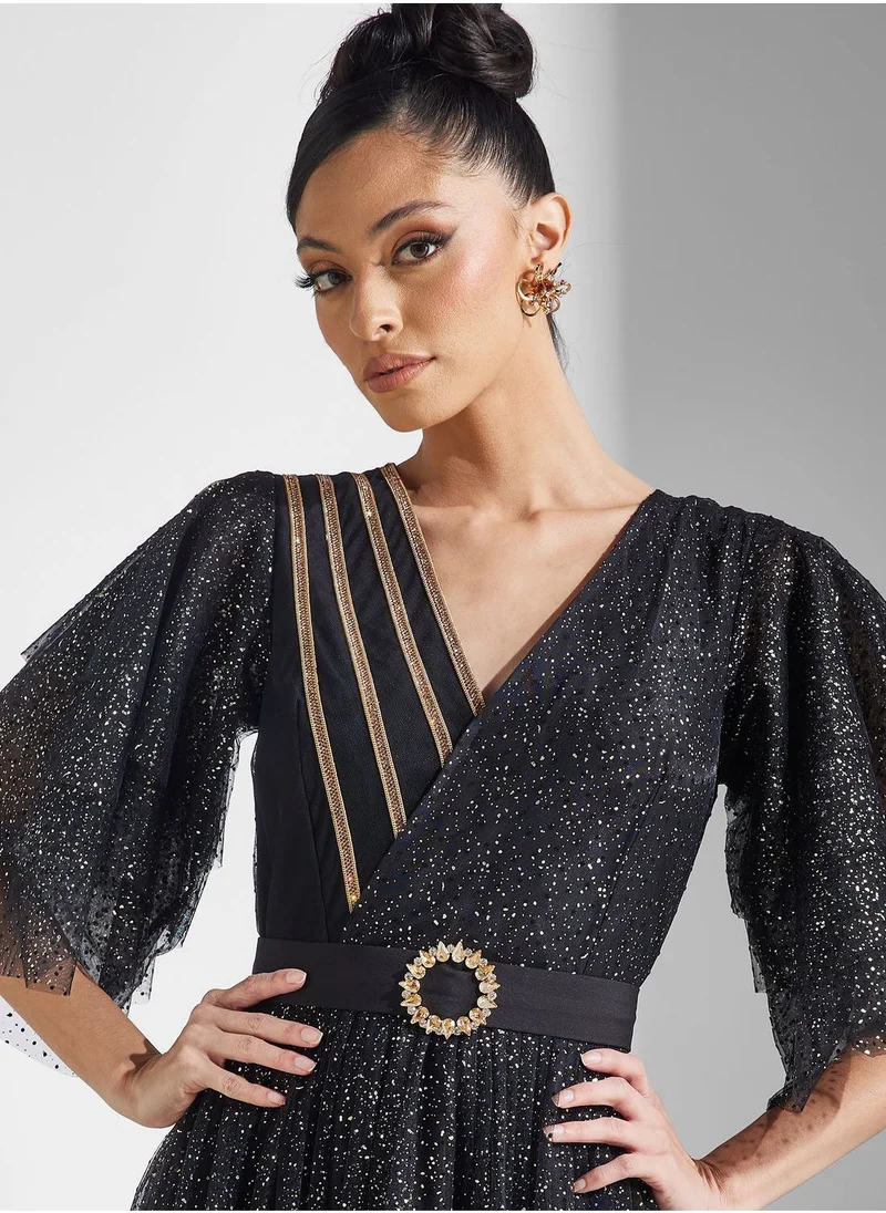 Amri Ruffle Sleeve Mesh Tiered Dress