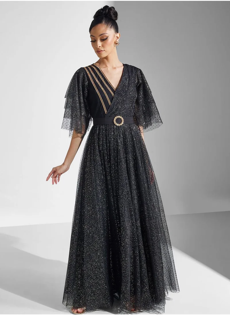 Amri Ruffle Sleeve Mesh Tiered Dress