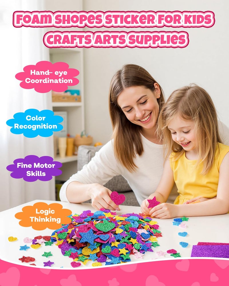 Rasoisof 1024PCS Glitter Foam Stickers for Kids - Self-Adhesive Heart & Star Shapes, Sparkle Craft Stickers for DIY Greeting Cards, Scrapbooking, Home Decor, Envelopes & Children's Art Projects - Image 5