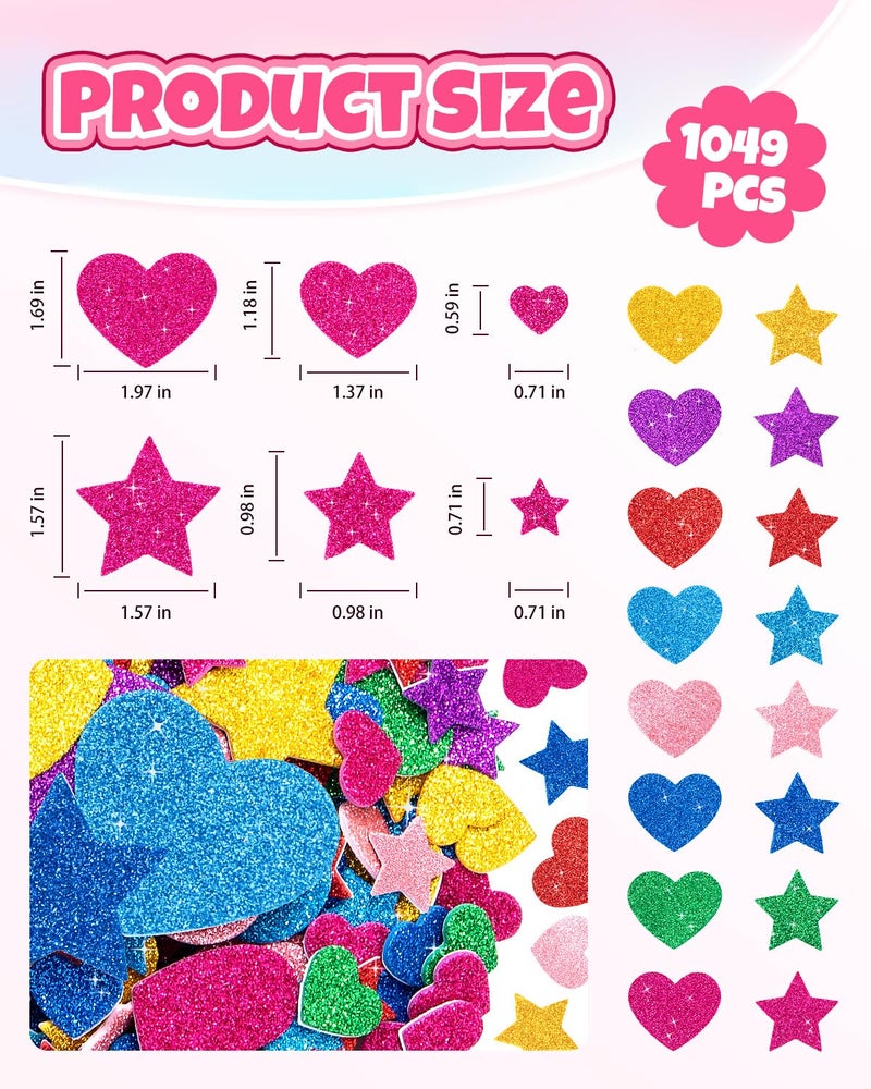 Rasoisof 1024PCS Glitter Foam Stickers for Kids - Self-Adhesive Heart & Star Shapes, Sparkle Craft Stickers for DIY Greeting Cards, Scrapbooking, Home Decor, Envelopes & Children's Art Projects - Image 2