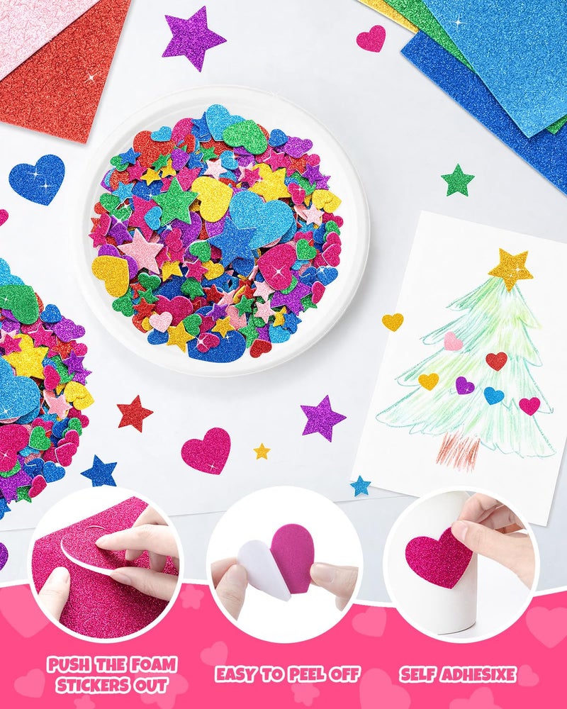 Rasoisof 1024PCS Glitter Foam Stickers for Kids - Self-Adhesive Heart & Star Shapes, Sparkle Craft Stickers for DIY Greeting Cards, Scrapbooking, Home Decor, Envelopes & Children's Art Projects - Image 3