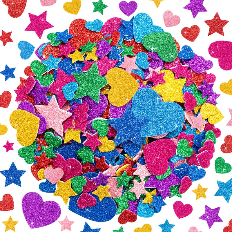 Rasoisof 1024PCS Glitter Foam Stickers for Kids - Self-Adhesive Heart & Star Shapes, Sparkle Craft Stickers for DIY Greeting Cards, Scrapbooking, Home Decor, Envelopes & Children's Art Projects - Image 1