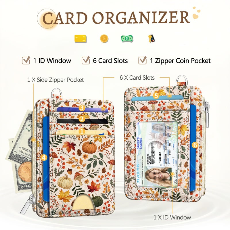 Kelvoris Fall Leaves Credit Card Holder Small Wallet Women, Pumpkin Slim RFID Blocking Wallets Woman Keychain with Zipper Coin Pocket, Front Pocket Thin Travel Card Case with ID Window Ladies Gifts Autumn - Image 3