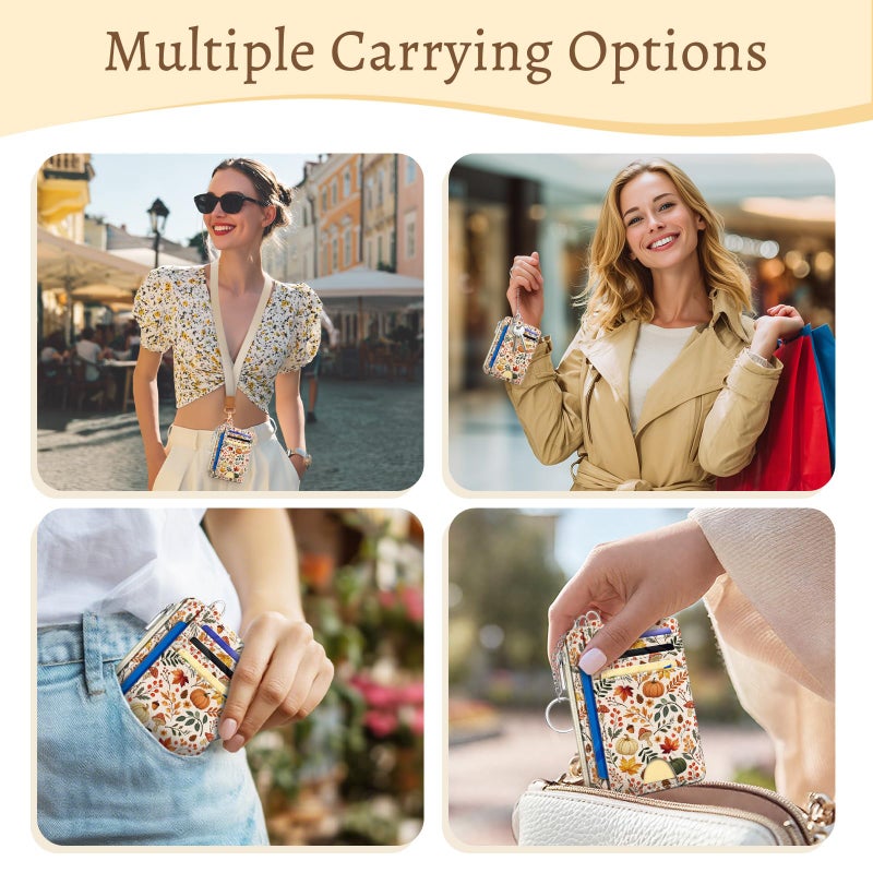 Kelvoris Fall Leaves Credit Card Holder Small Wallet Women, Pumpkin Slim RFID Blocking Wallets Woman Keychain with Zipper Coin Pocket, Front Pocket Thin Travel Card Case with ID Window Ladies Gifts Autumn - Image 2