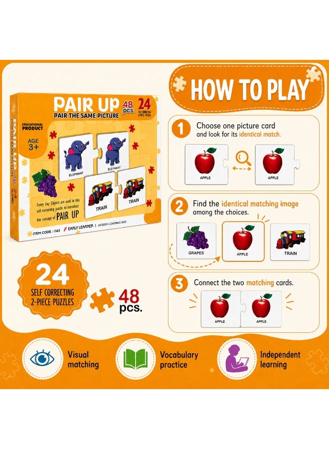 Pair Up Puzzle Game: Early Learning Self-Correcting Everyday Objects, 24 Pairs / 48 Pieces, Ages 3+ - Image 2