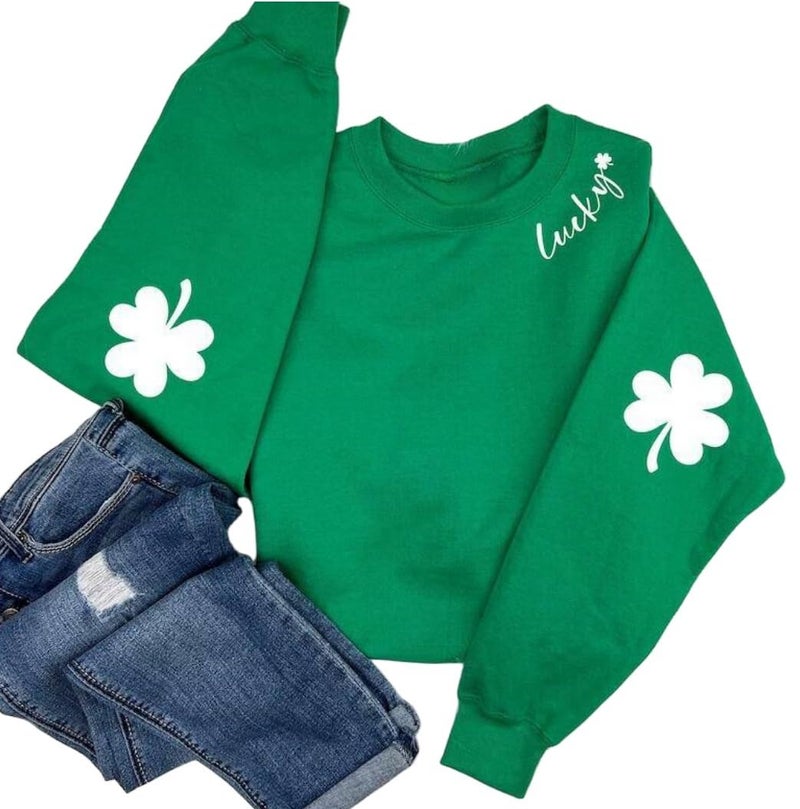 Muhuyi St. Patrick's Day Sweatshirt for Women Lucky Shamrock Long Sleeve Irish Shirt Ireland Clover Print St Patricks Shirts Pullover Tops(Green Lucky,XL) - Image 3