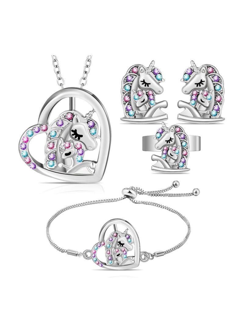 KASTWAVE 4 Pcs Girls Unicorn Jewelry Set Kids Jewelry, Unicorn Necklace Bracelet Ring Stud Earrings Heart Pendant Necklace Sets for Girls, Silver - Image 1