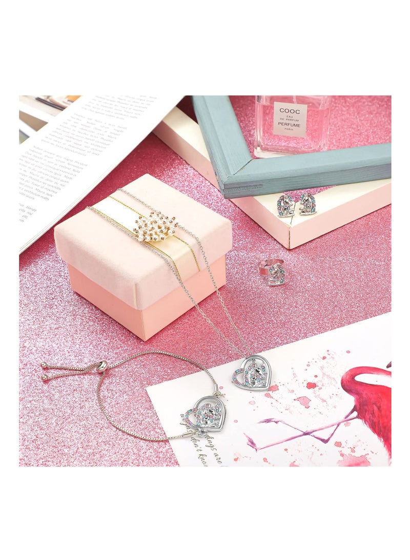 KASTWAVE 4 Pcs Girls Unicorn Jewelry Set Kids Jewelry, Unicorn Necklace Bracelet Ring Stud Earrings Heart Pendant Necklace Sets for Girls, Silver - Image 5