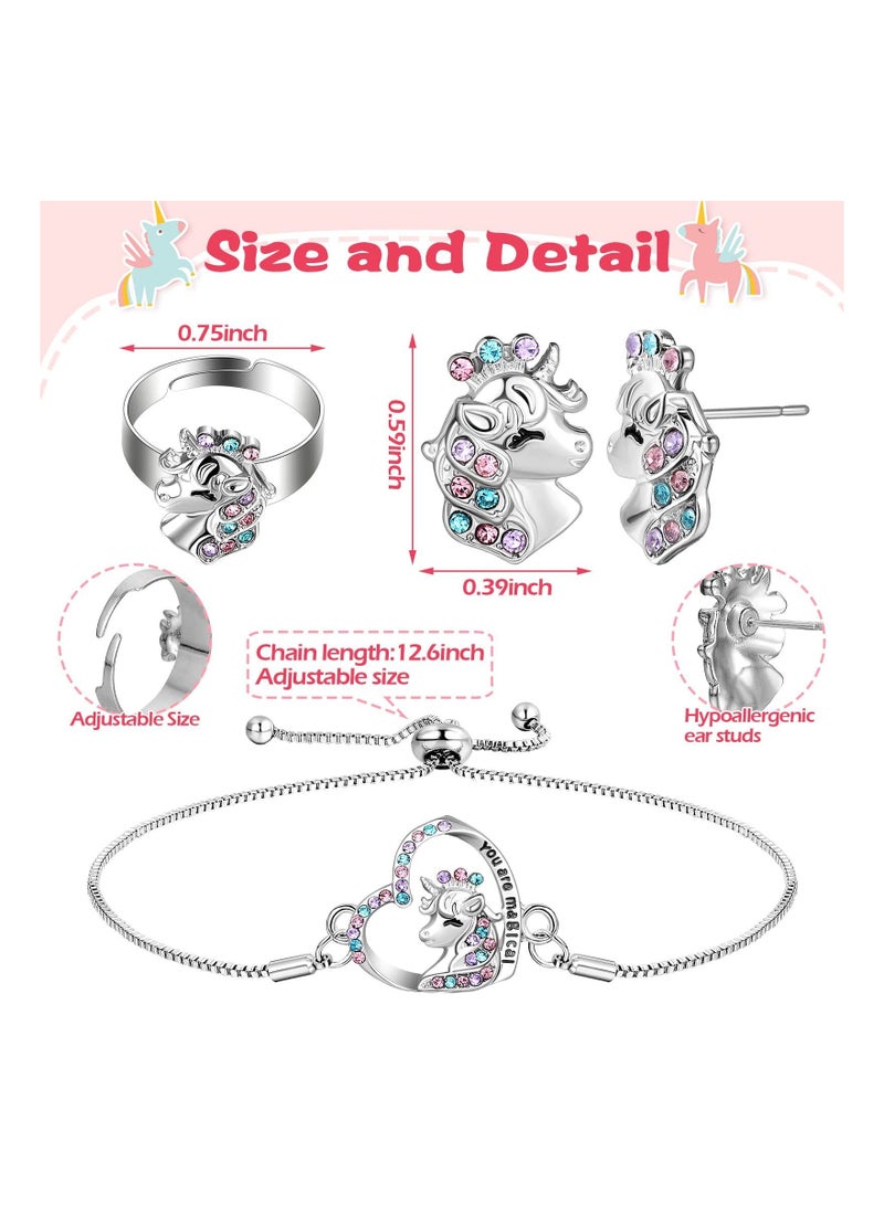KASTWAVE 4 Pcs Girls Unicorn Jewelry Set Kids Jewelry, Unicorn Necklace Bracelet Ring Stud Earrings Heart Pendant Necklace Sets for Girls, Silver - Image 2