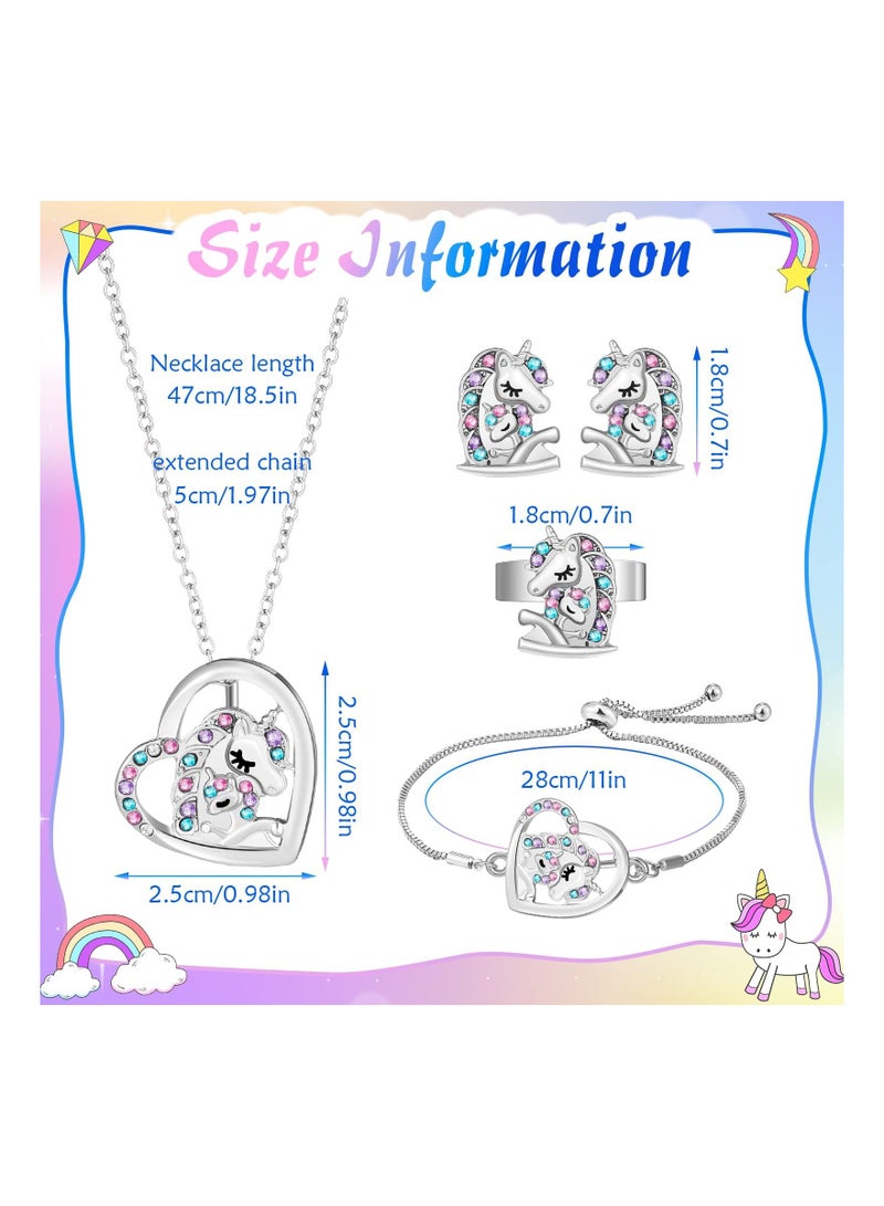 KASTWAVE 4 Pcs Girls Unicorn Jewelry Set Kids Jewelry, Unicorn Necklace Bracelet Ring Stud Earrings Heart Pendant Necklace Sets for Girls, Silver - Image 4