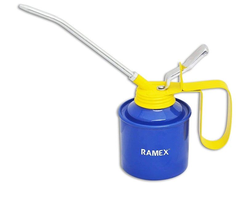 Ramex Oil Can, Oil Can For Vehicles, Multipurpose Metal Oil Can, Oil Can Pump Oiler With Fixed Spout, For All Lubrication Need Of Car, Bikes, Machines And Industrial Use -1/2 Pint Capacity. Glossy Blue & Yellow Oil Can - Image 1
