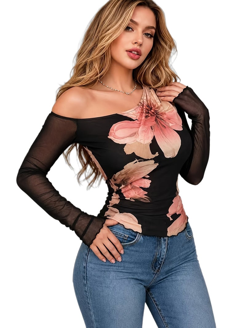 Women'S Mesh Semi - Transparent Floral Print Oversized Round Neck T - Shirt, Hem And Cuff with Dense Wave Design. Elegant And Fashionable Women'S Clothing - Rose Golden / S - Image 1