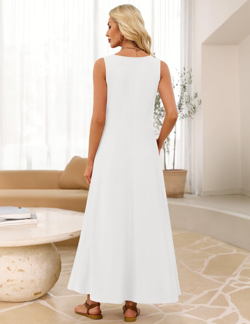 MEROKEETY Women's 2026 Summer Maxi Dress Sleeveless Crewneck Casual Loose Beach Vacation Basic Long Sundress,White,Large - Image 5