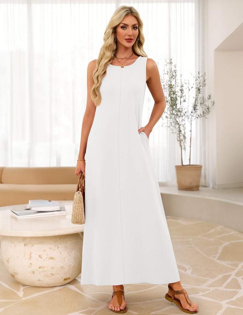MEROKEETY Women's 2026 Summer Maxi Dress Sleeveless Crewneck Casual Loose Beach Vacation Basic Long Sundress,White,Large - Image 2