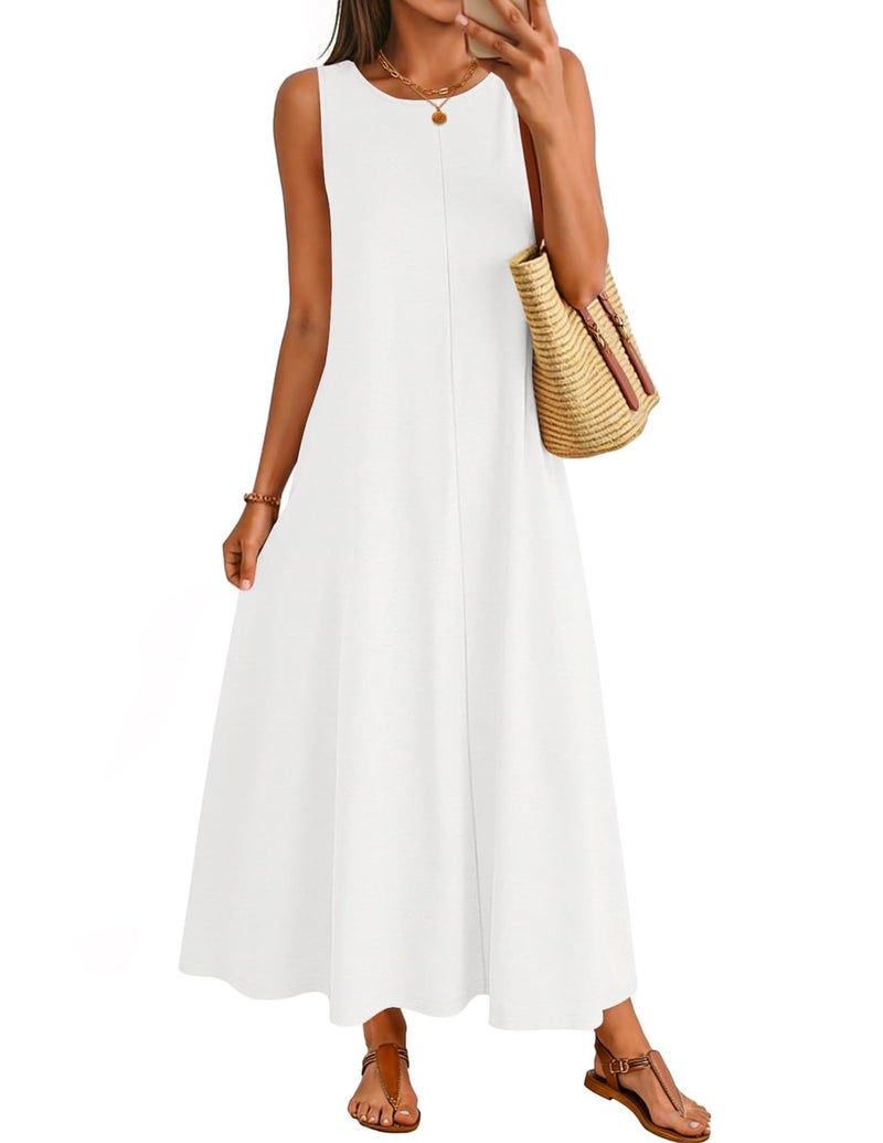 MEROKEETY Women's 2026 Summer Maxi Dress Sleeveless Crewneck Casual Loose Beach Vacation Basic Long Sundress,White,Large - Image 1